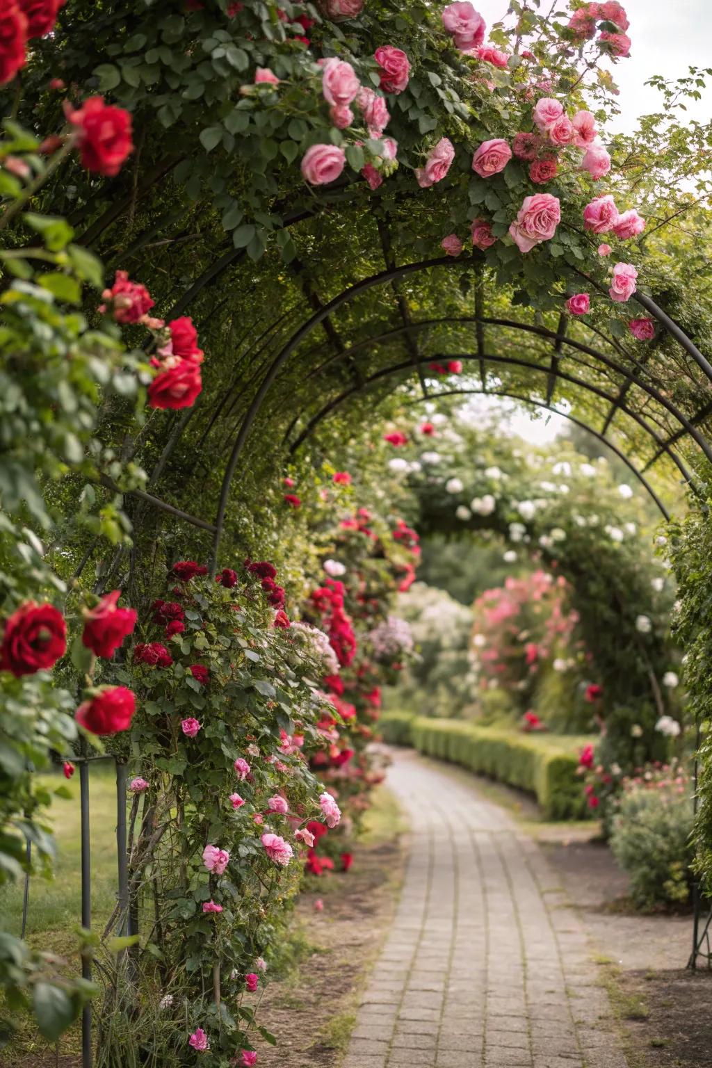A floral fantasy with climbing roses enveloping the trellis.