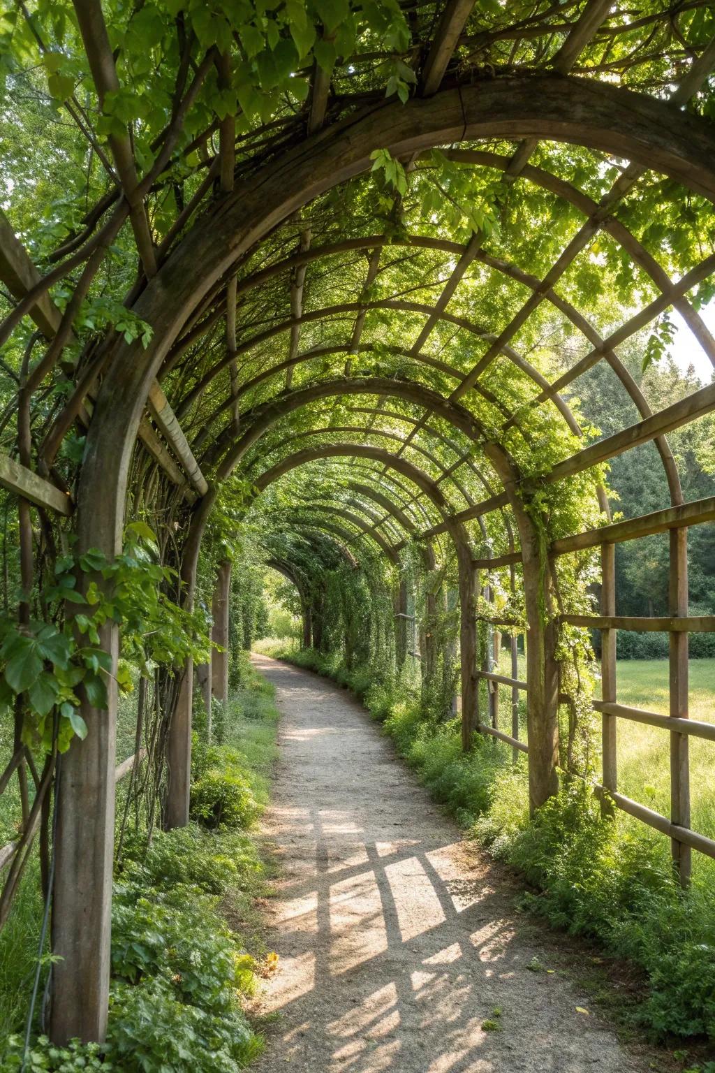 A garden tunnel trellis offers a magical escape through intertwined climbing plants.