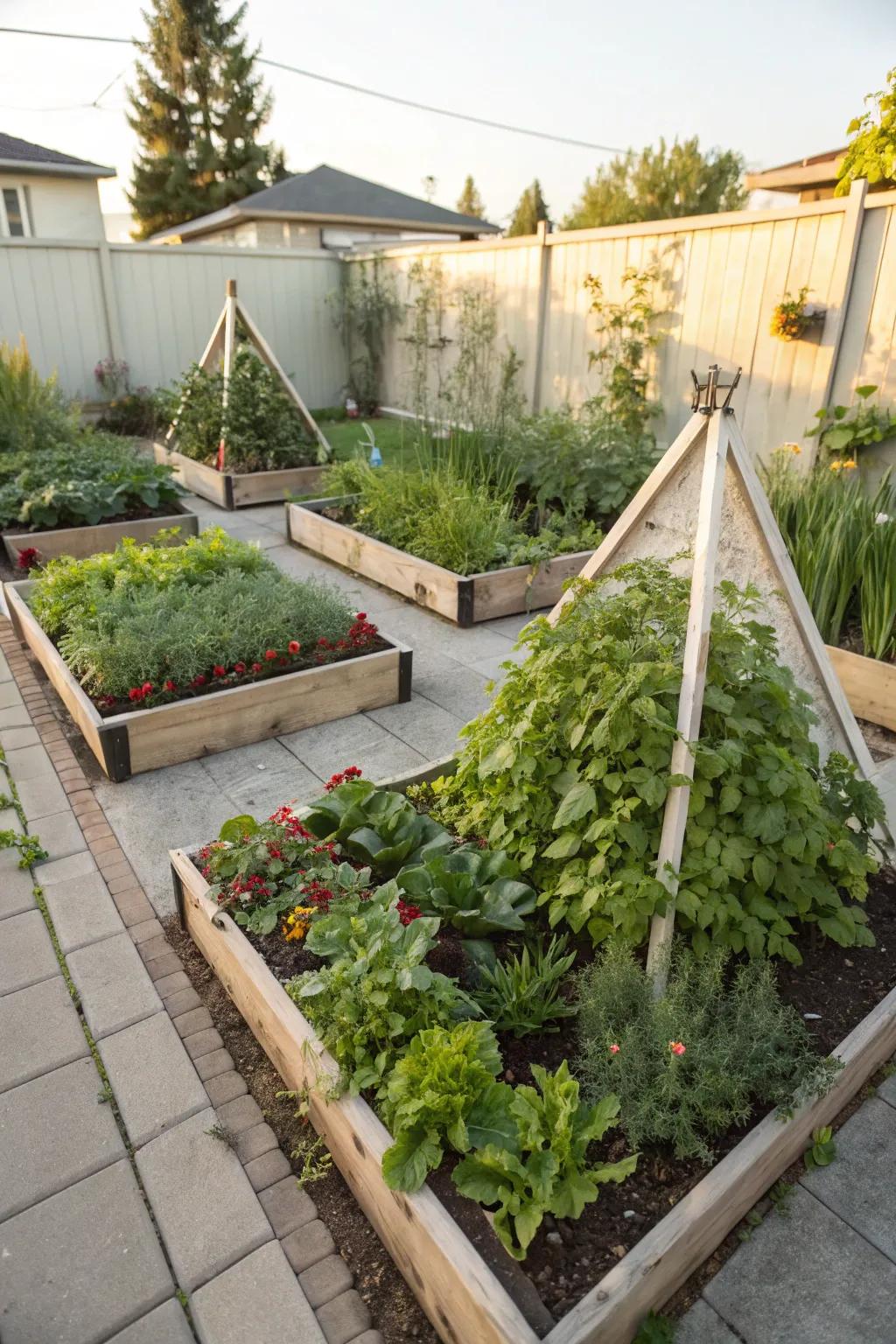 Triangular planting beds offer a unique twist on traditional gardening.