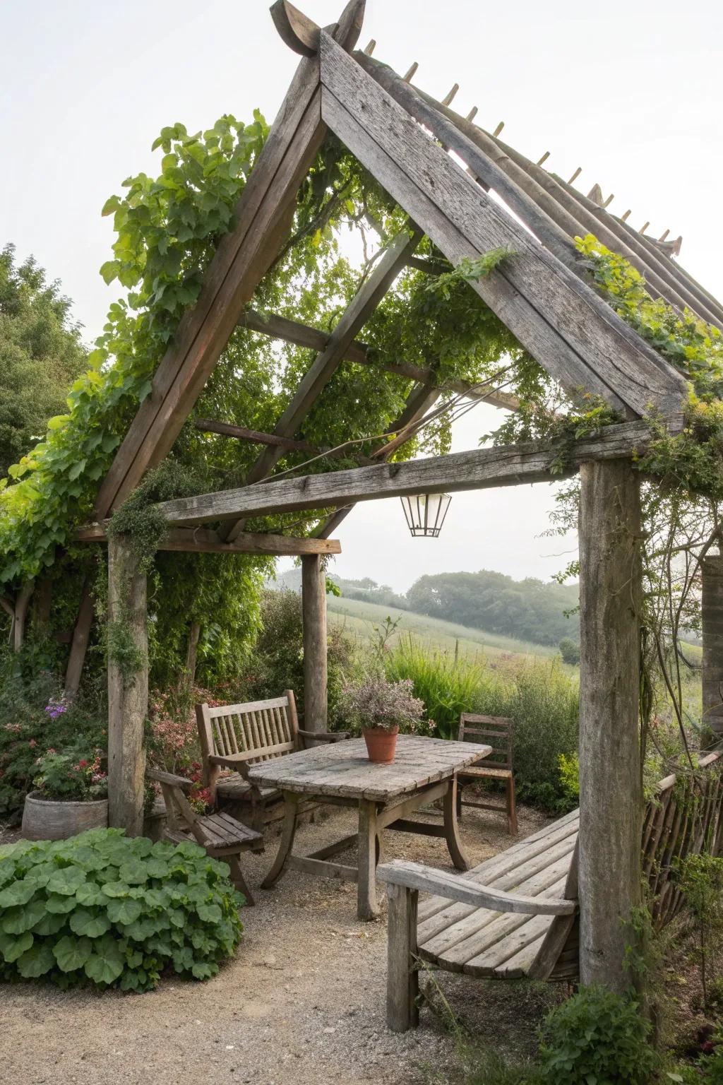 A rustic triangle pergola offering warmth and charm to any garden.