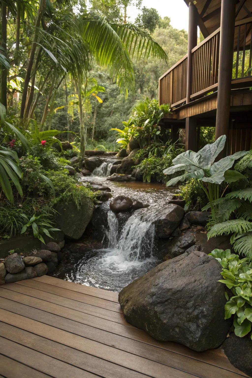 A small waterfall adds a serene touch to a tropical deck.
