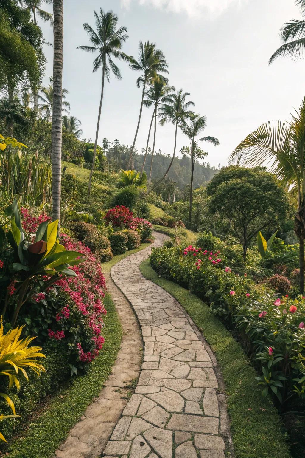Stone pathways offer a charming way to explore your tropical garden.