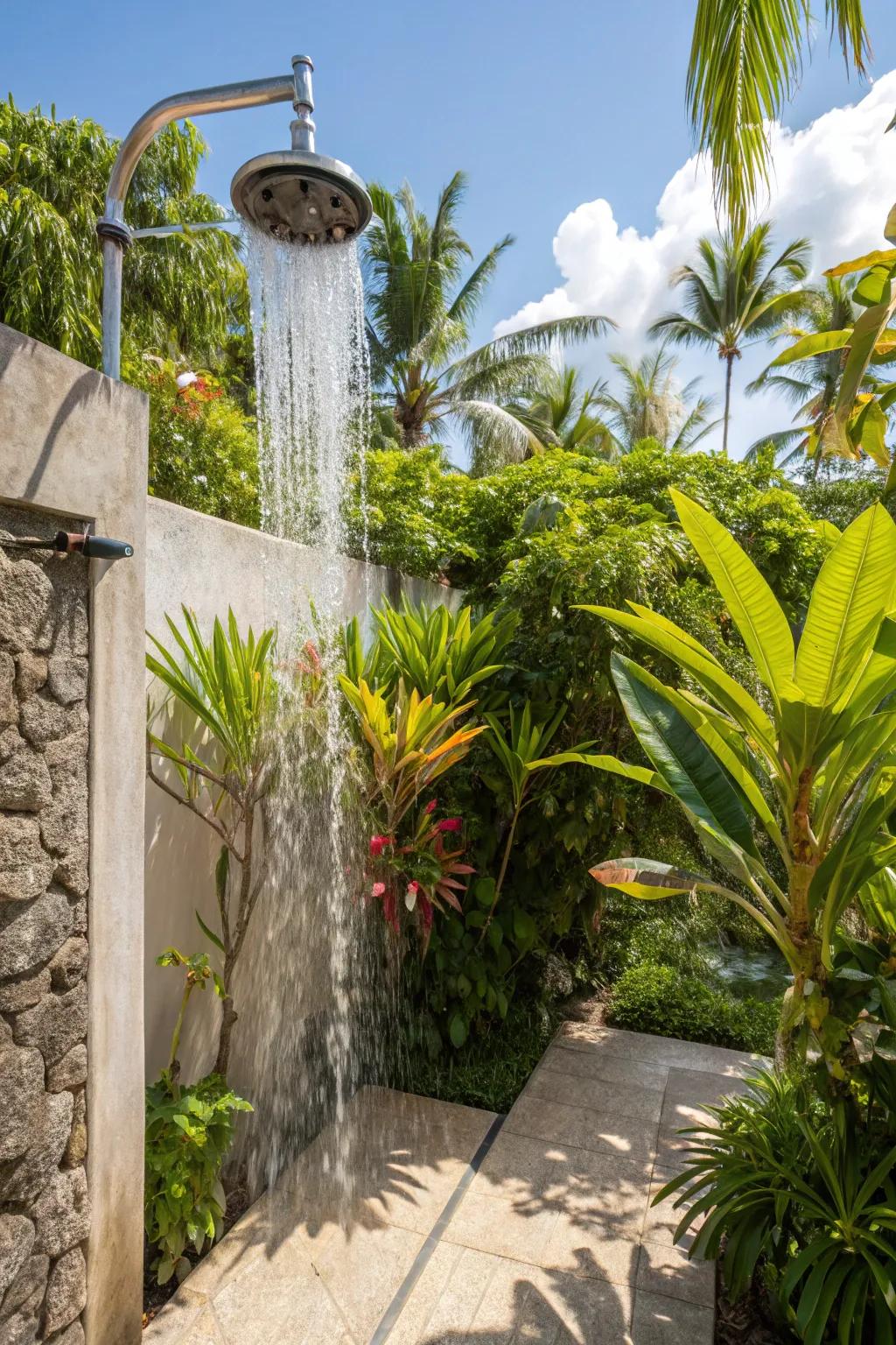 Feel the rush of nature with a waterfall-style showerhead in your outdoor shower.