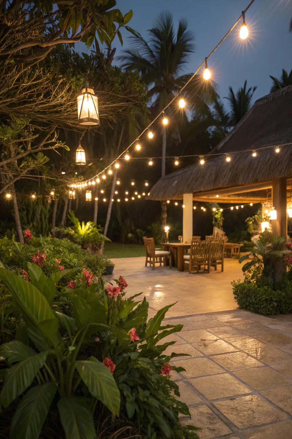 String lights and lanterns cast a warm, inviting glow on this tropical patio.