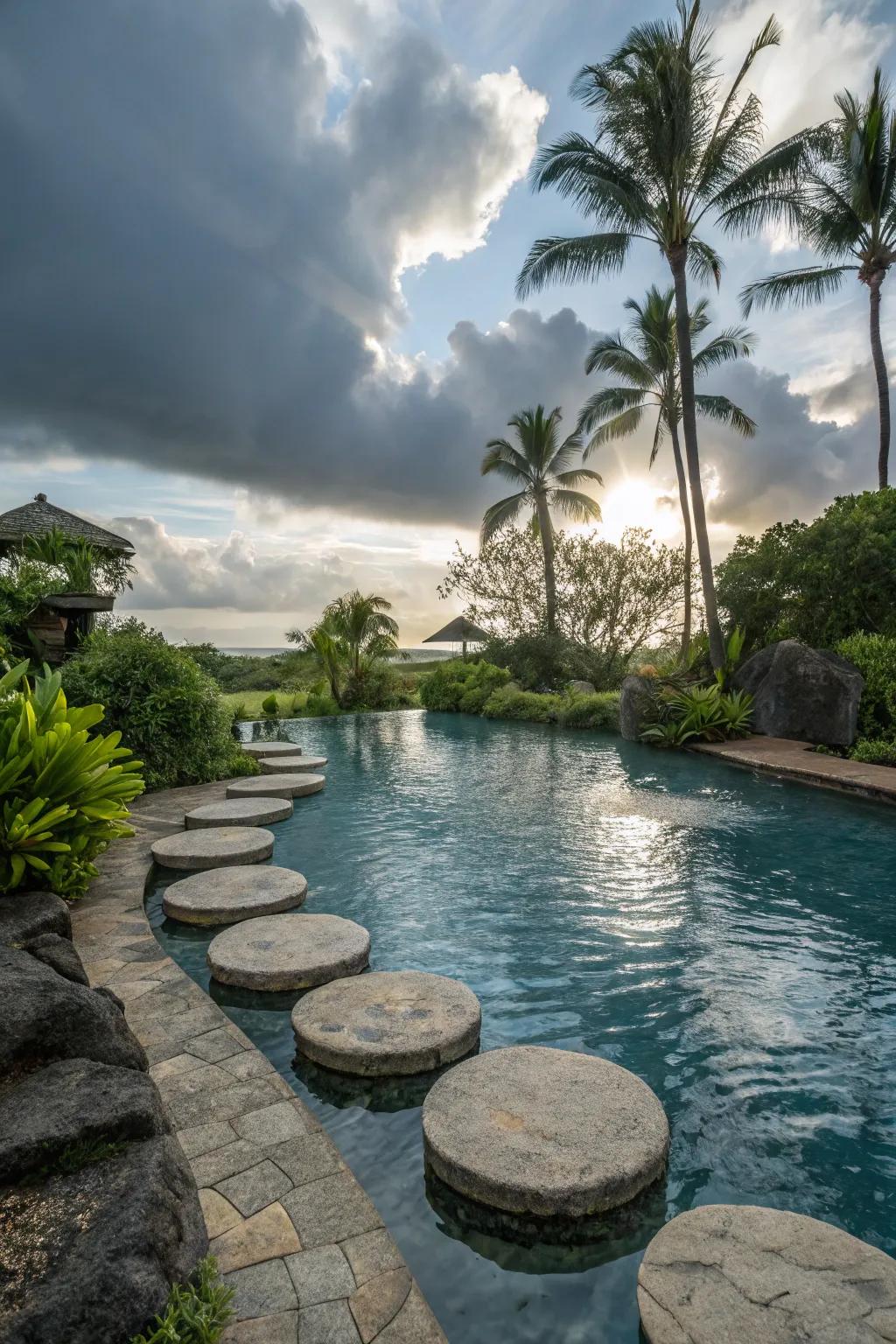 A tropical pool featuring floating stone steps.