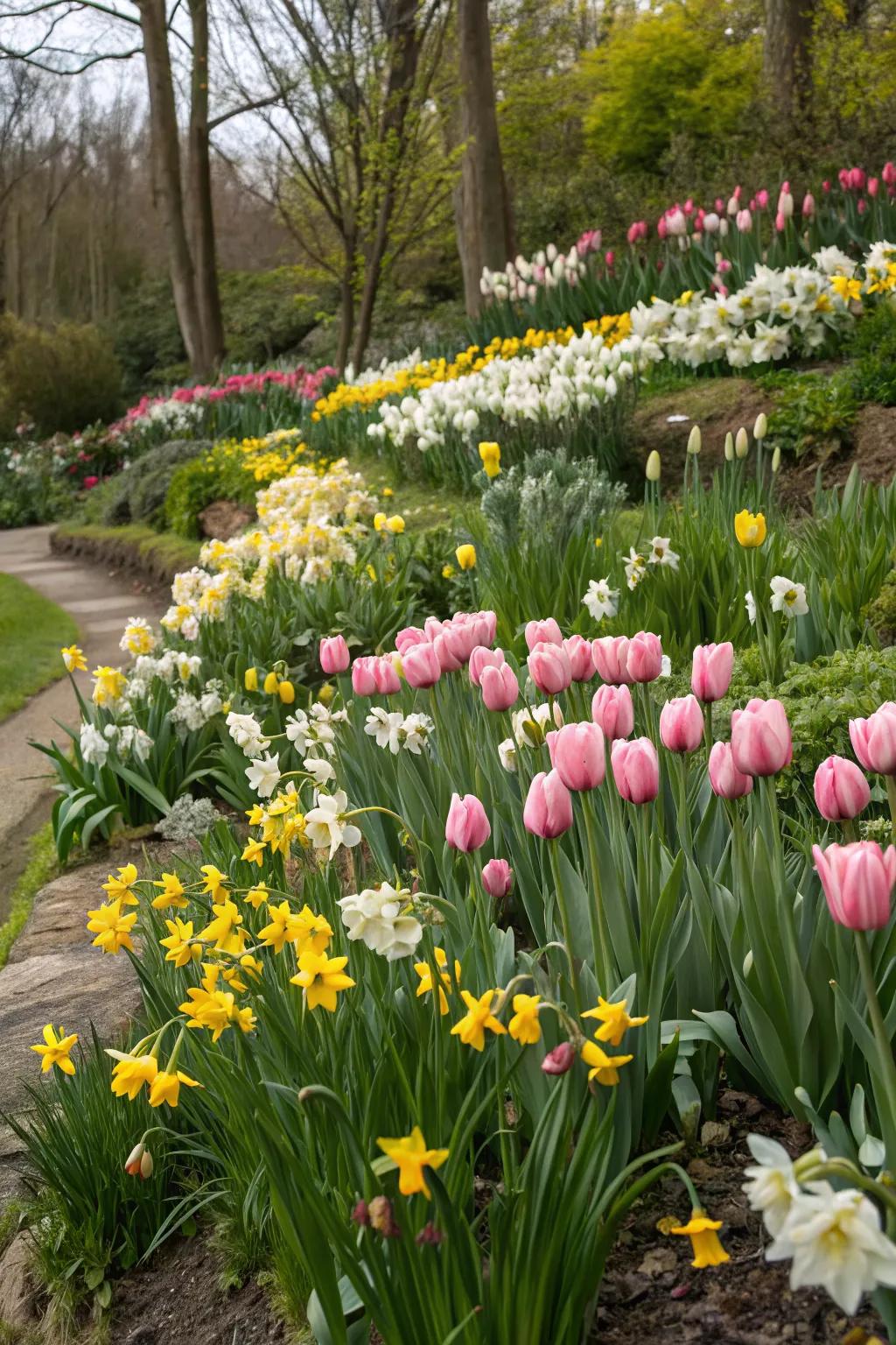 A layered garden featuring tulips and daffodils of varying heights.