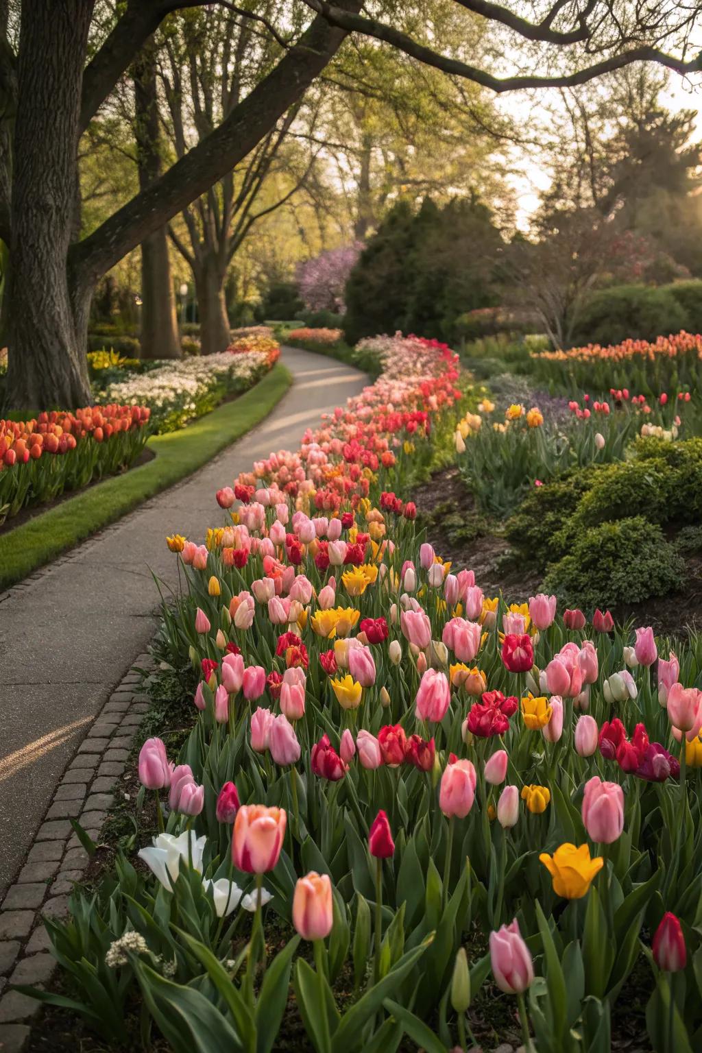 A densely planted tulip bed creates a lush and vibrant display.