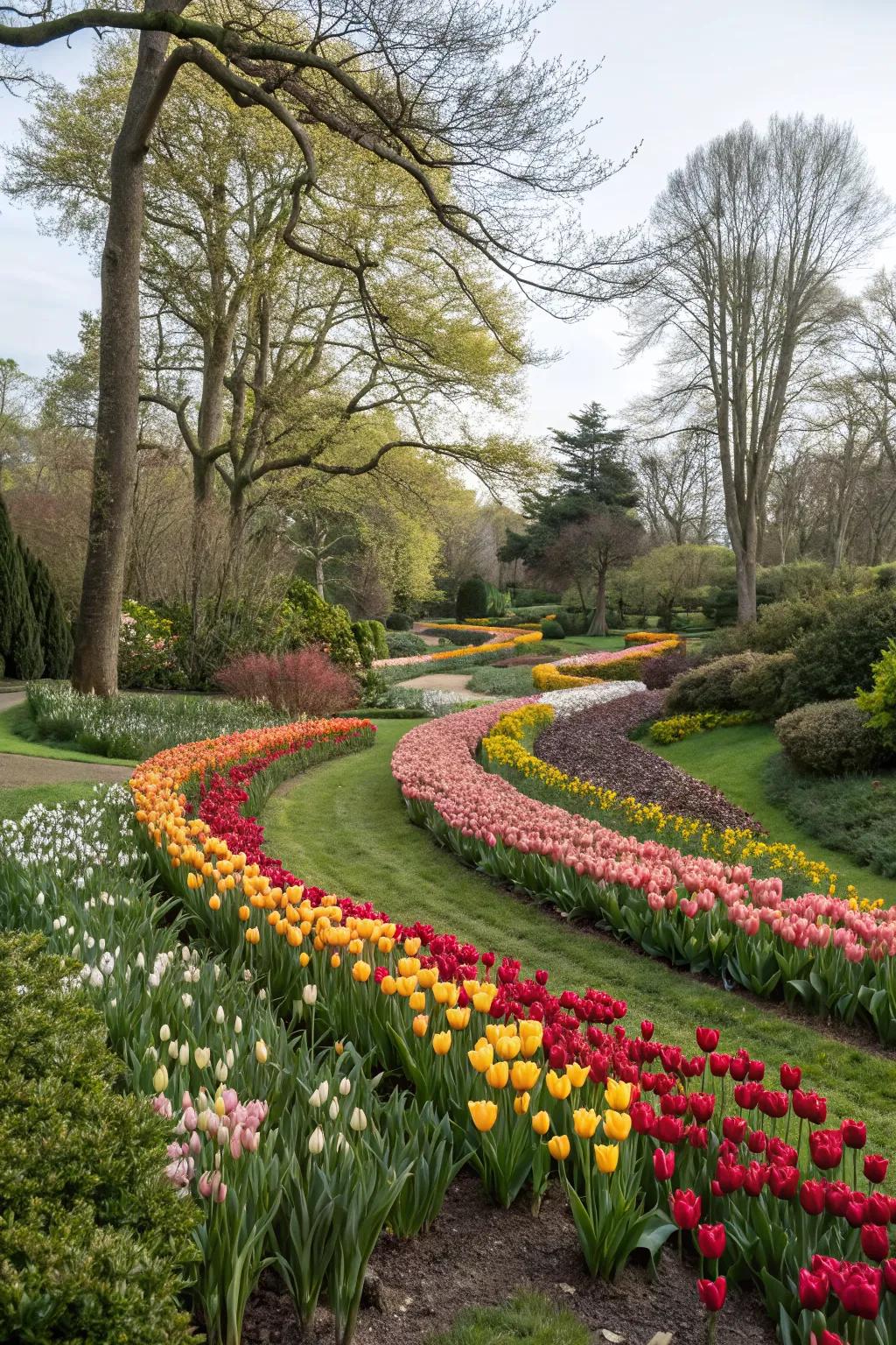 Flowing tulip patterns create a natural and relaxed garden ambiance.