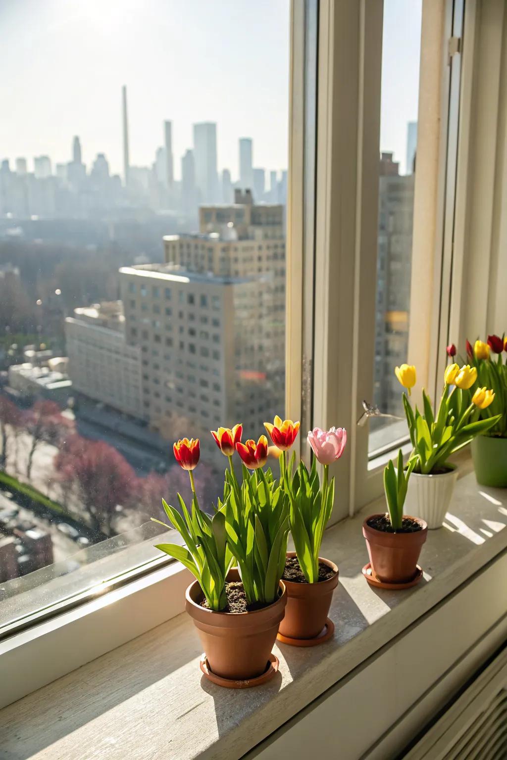 A vibrant display of tulips brightening up a windowsill.