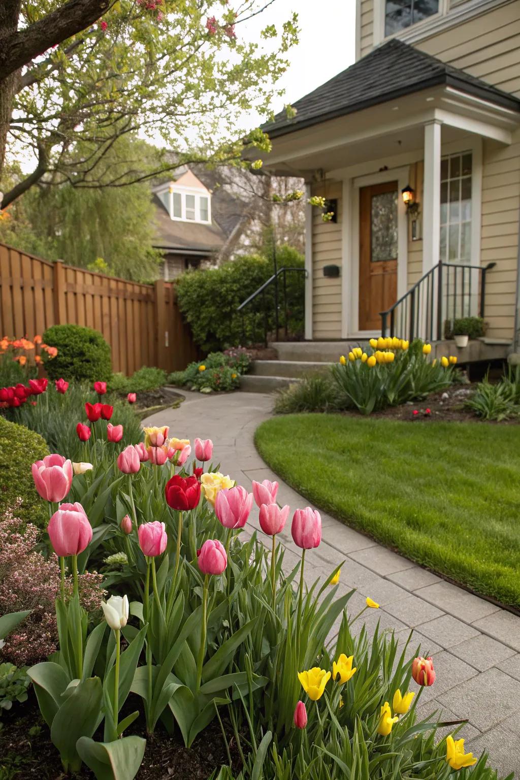 Tulips adding vibrant curb appeal to a front yard garden.