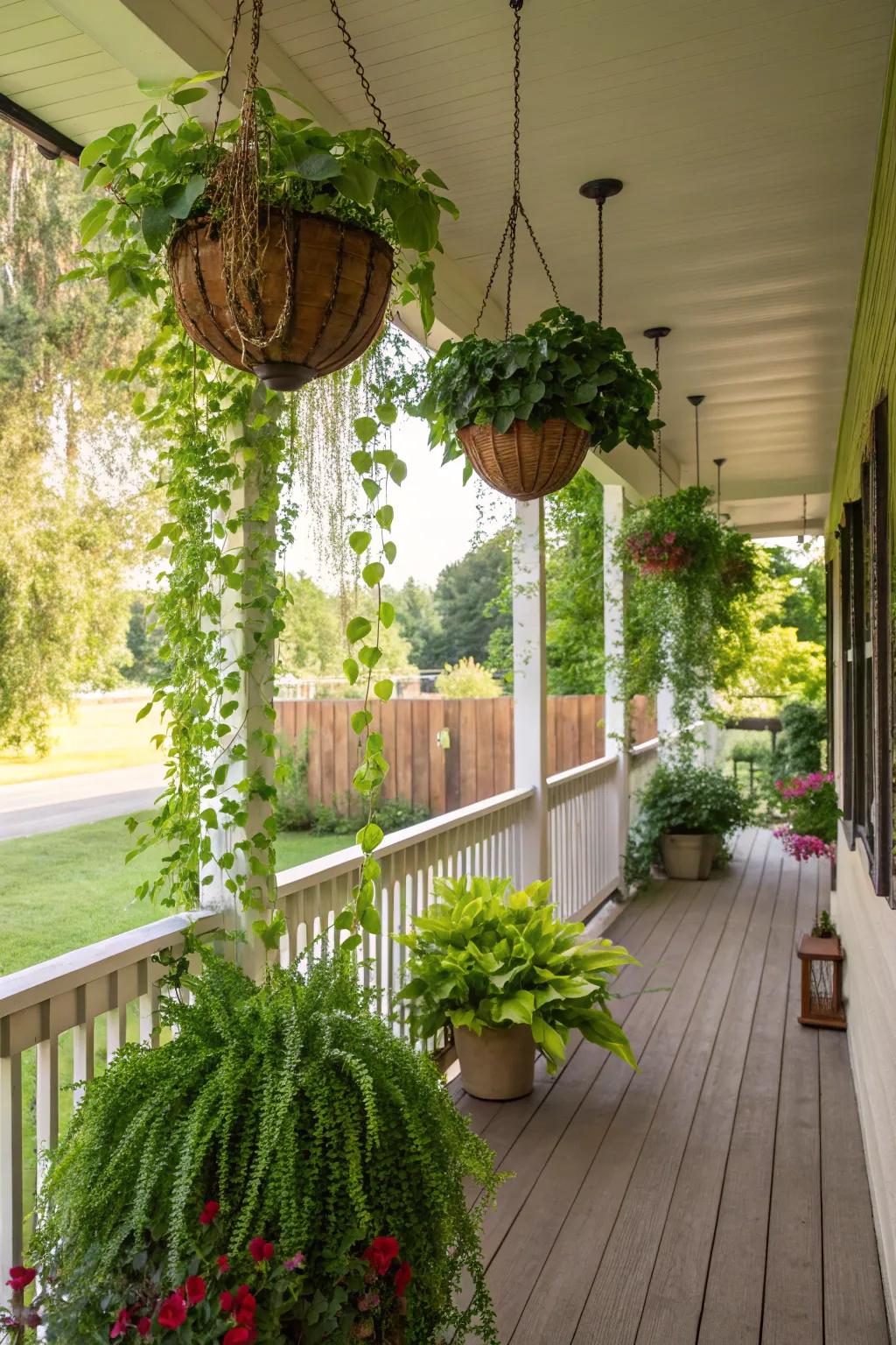 Lush greenery adds a natural and refreshing vibe to the porch.
