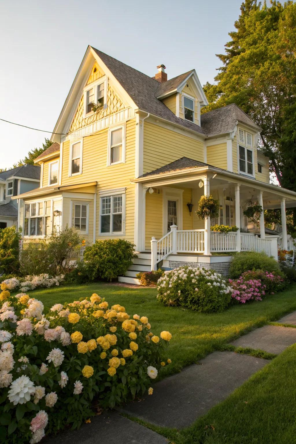 A bright and cheerful home with a sunny yellow and white exterior.