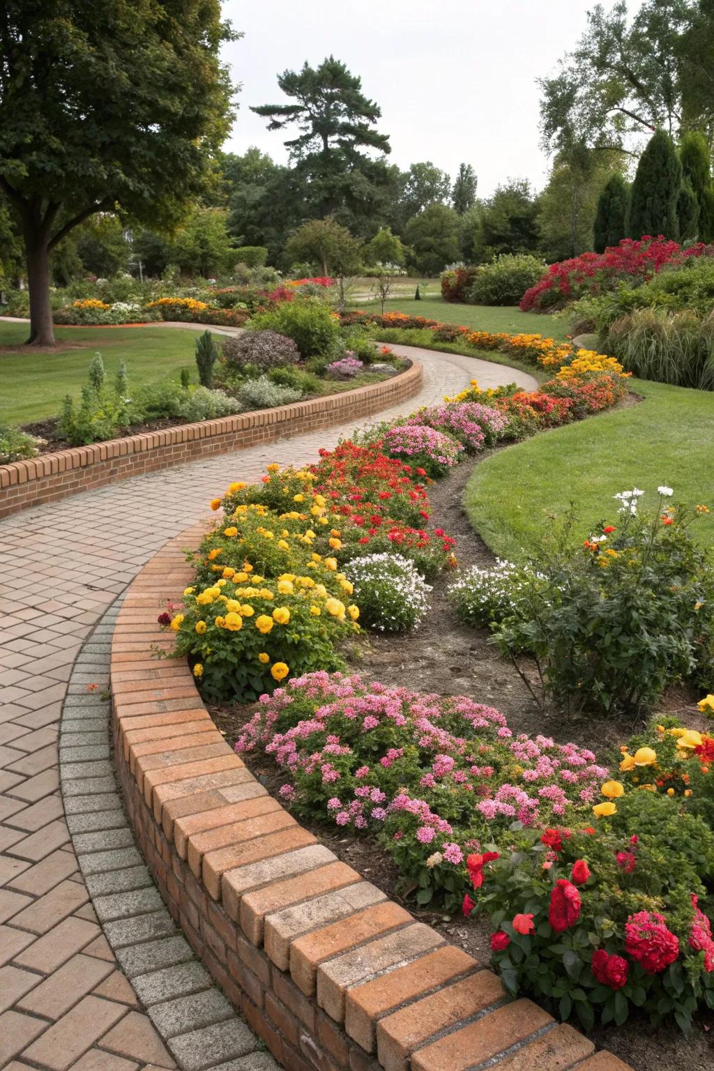 Curved brick edging offers a classic and neat garden border.
