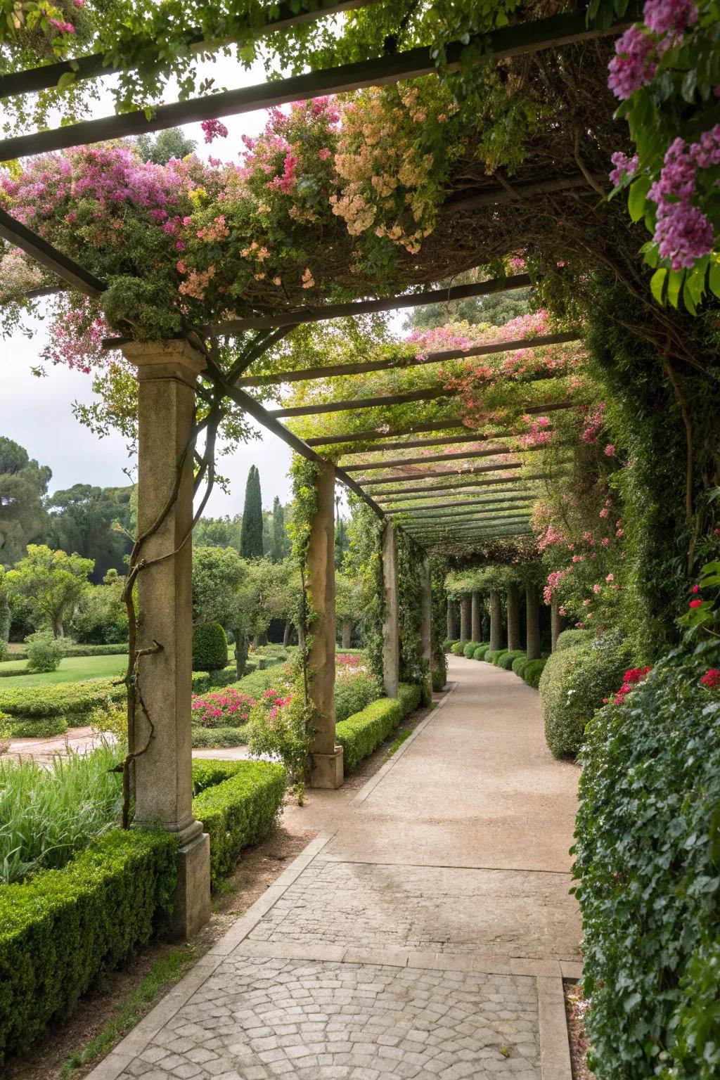 Transform your pergola with climbing plants for a lush look.