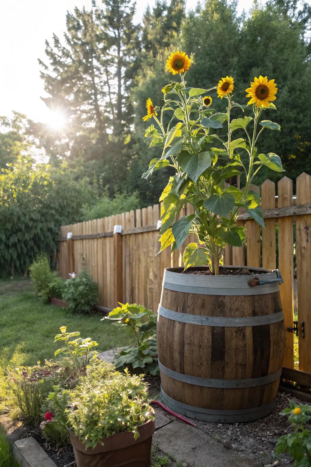 A wine barrel serves as a sturdy planter for tall sunflowers.