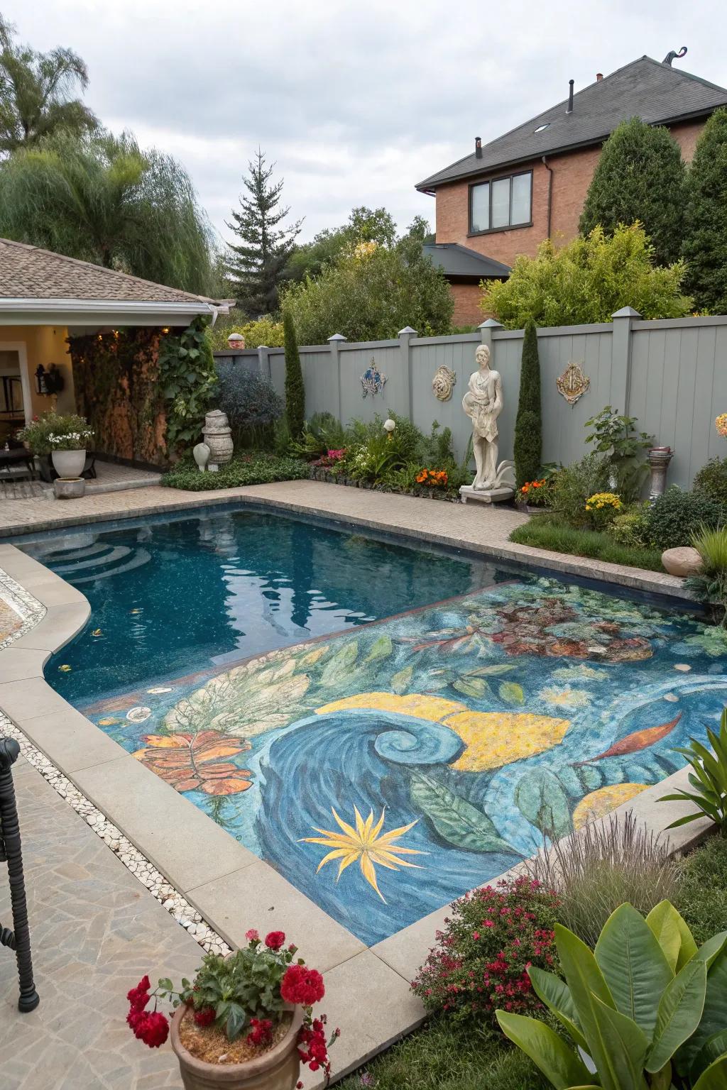 A pool with surreal paint design inspired by famous artwork.