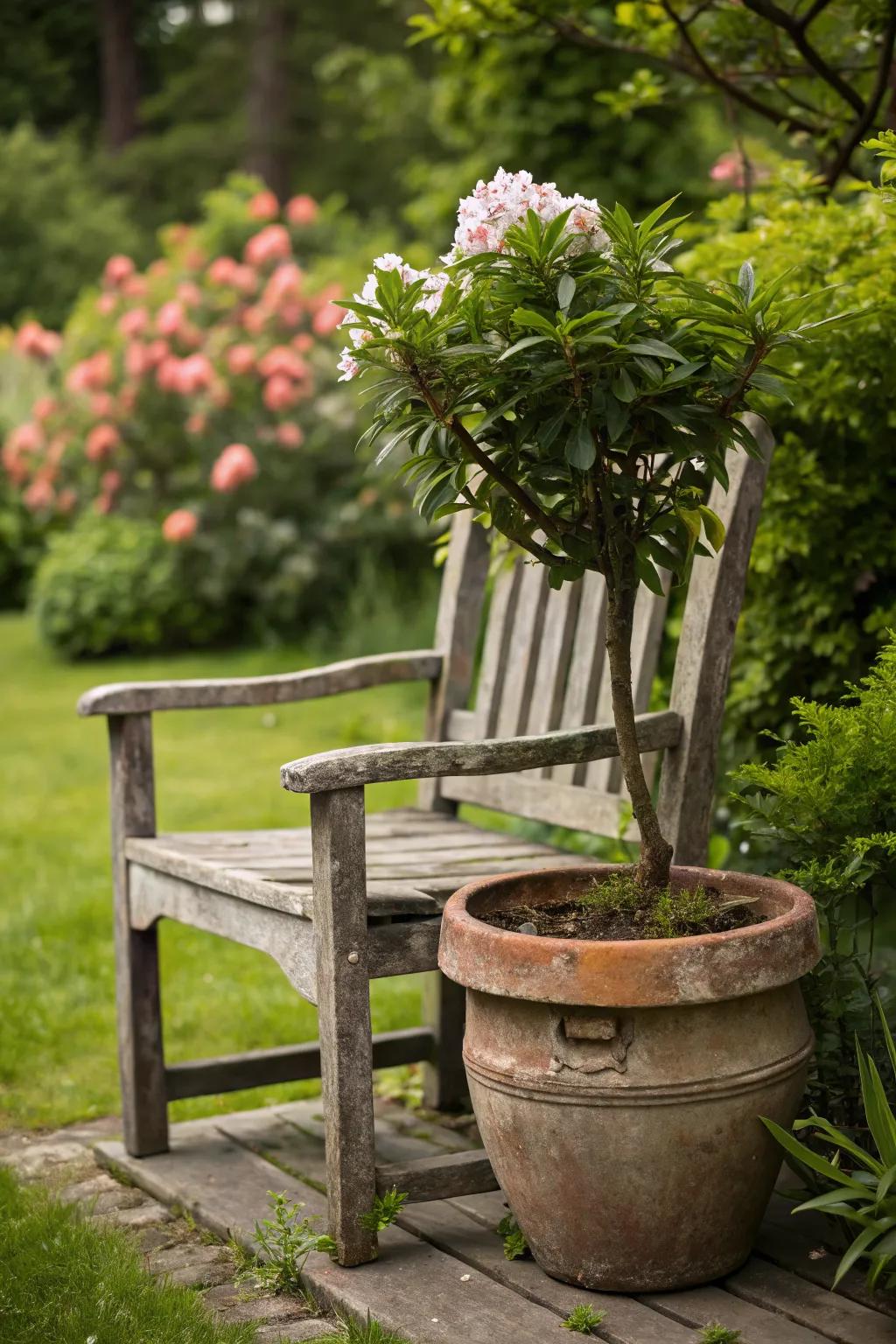 A whimsical chair turned into a unique plant stand.