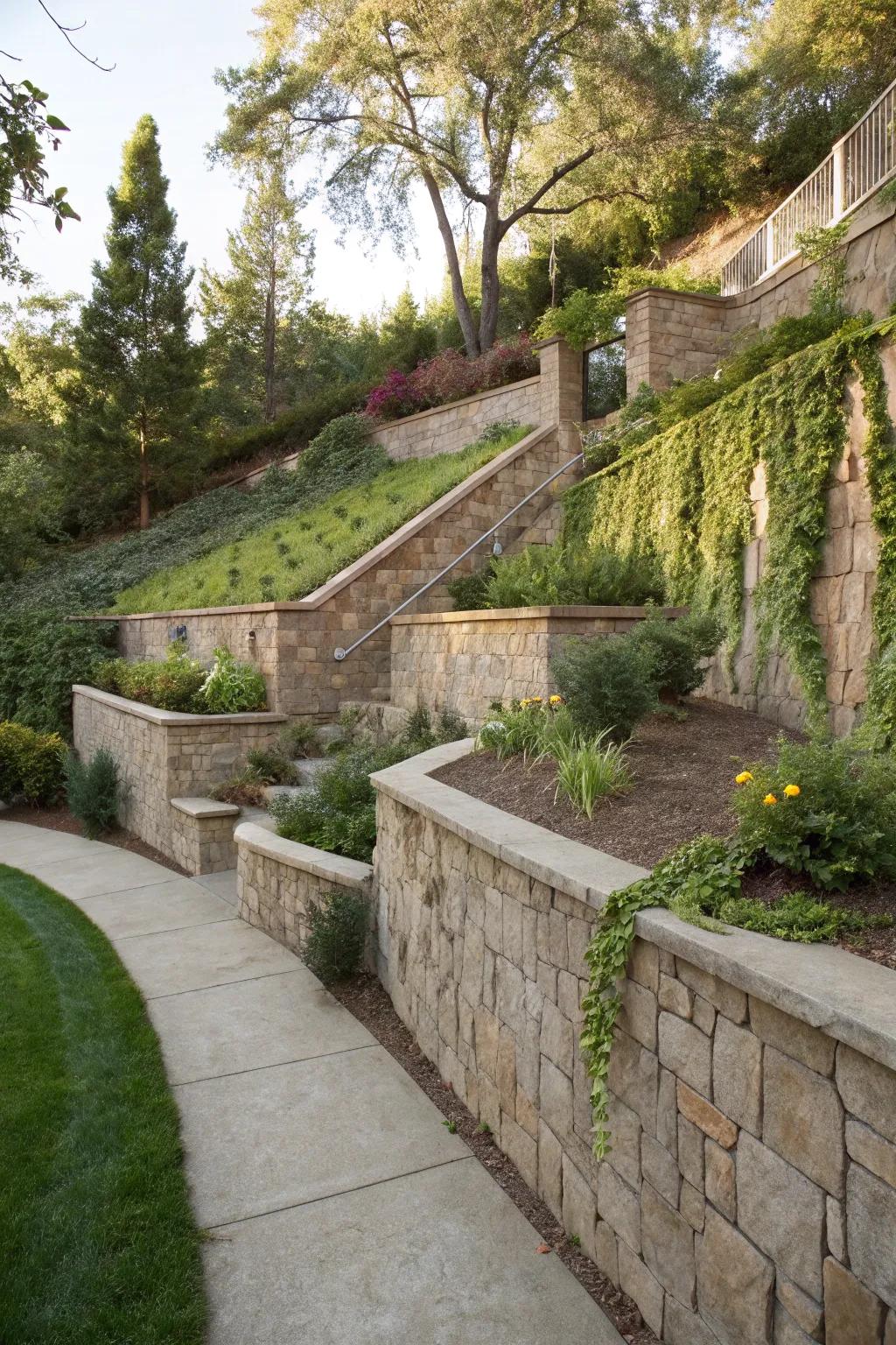 Retaining walls combine practicality with artistic flair.