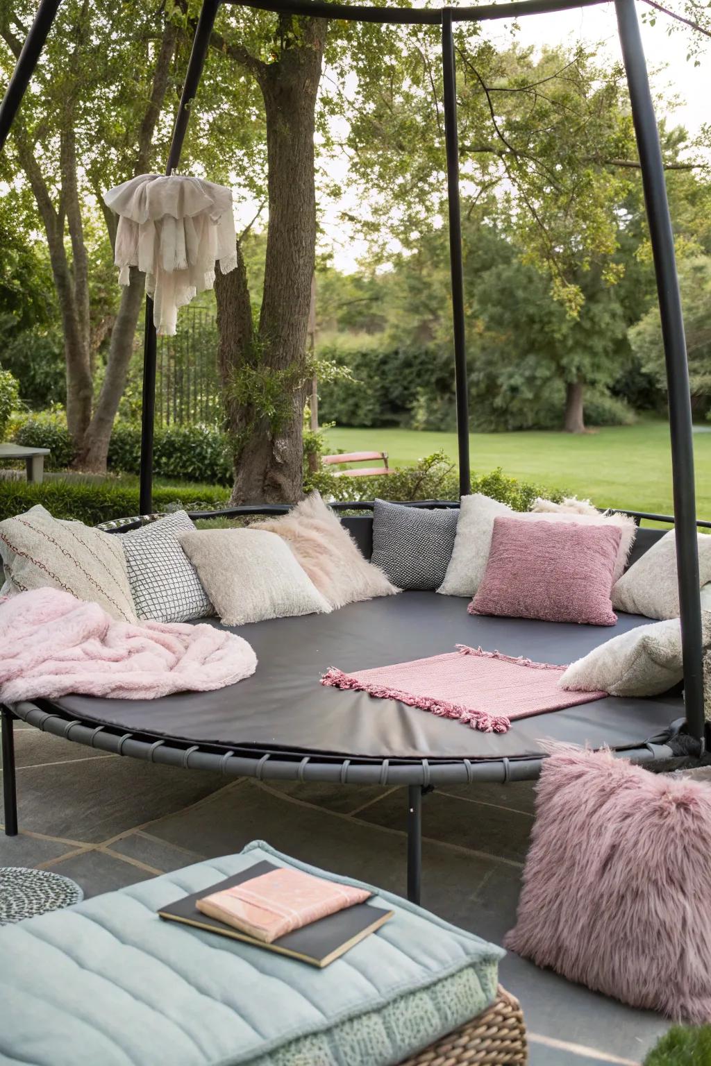 Convert your trampoline into a cozy outdoor lounge with cushions and throws.