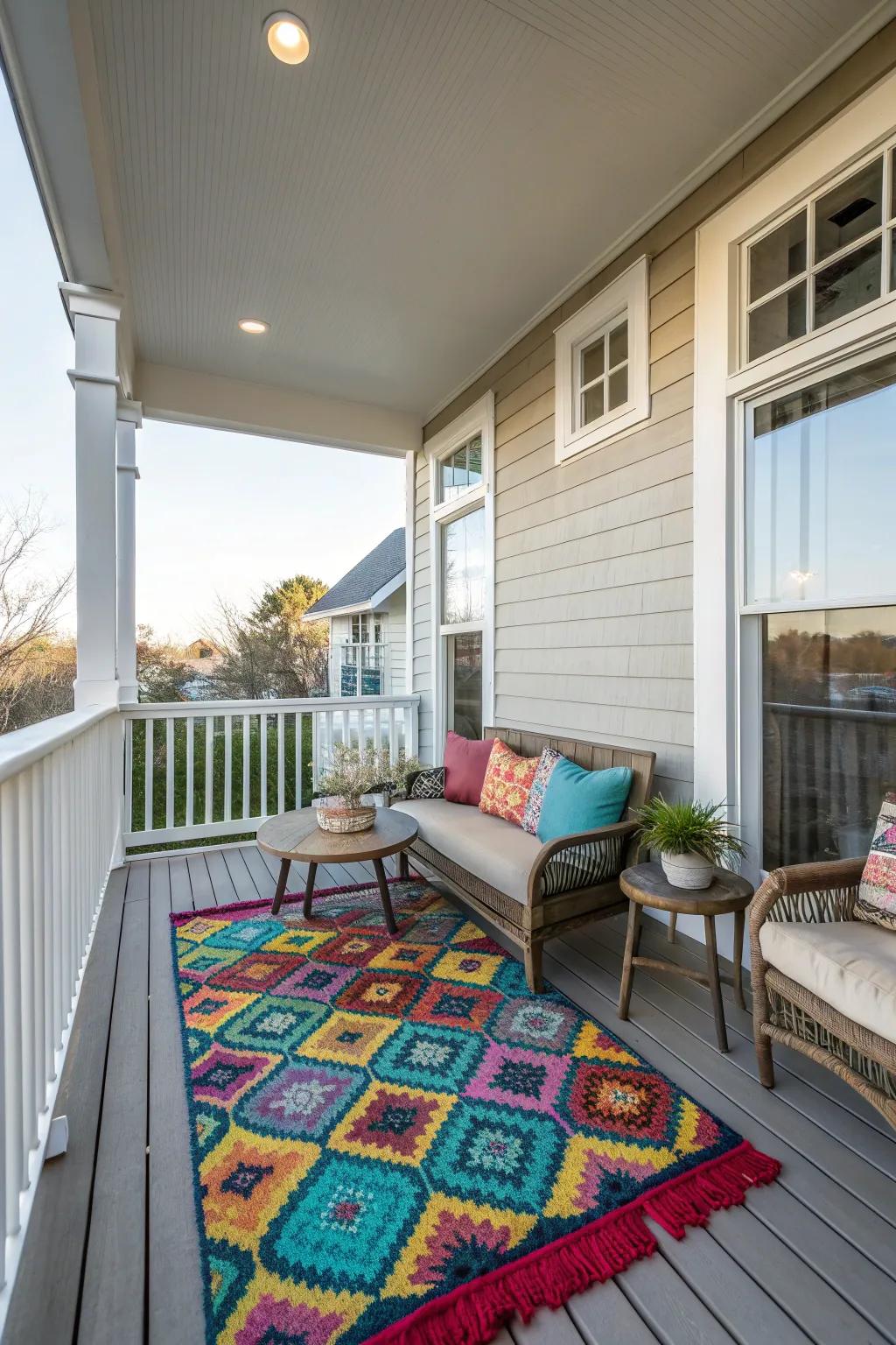 A stylish rug adds warmth and color to your porch.
