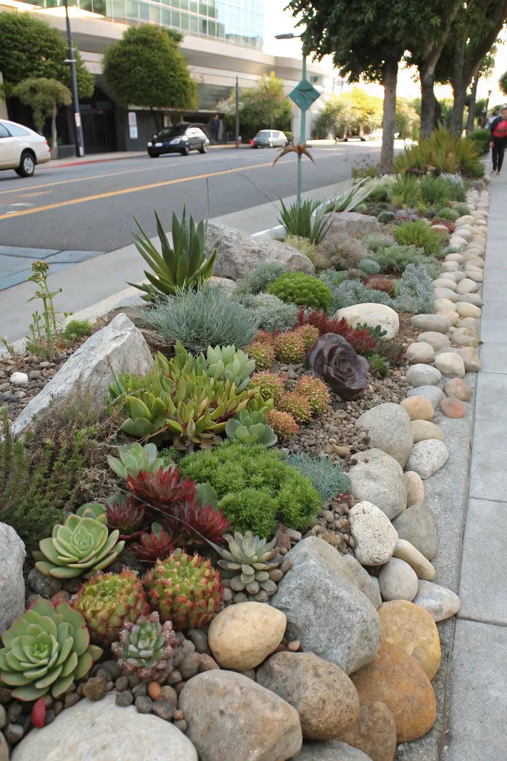 A low-maintenance succulent garden adds a desert feel to this urban front yard.