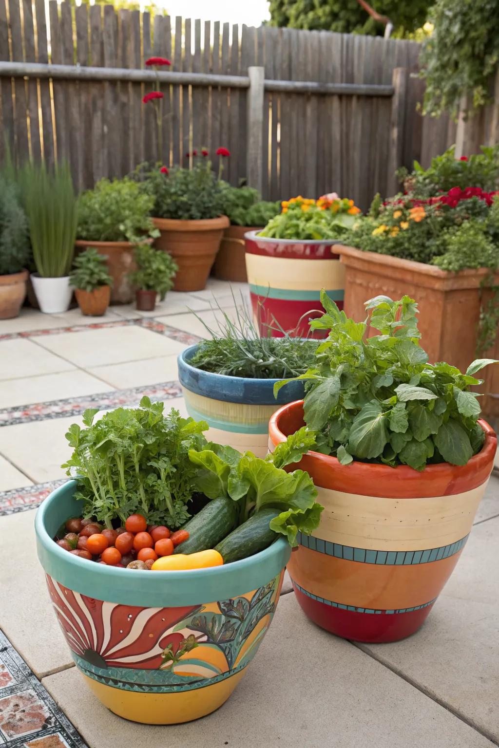 A vibrant mix of colorful ceramic pots on a patio.