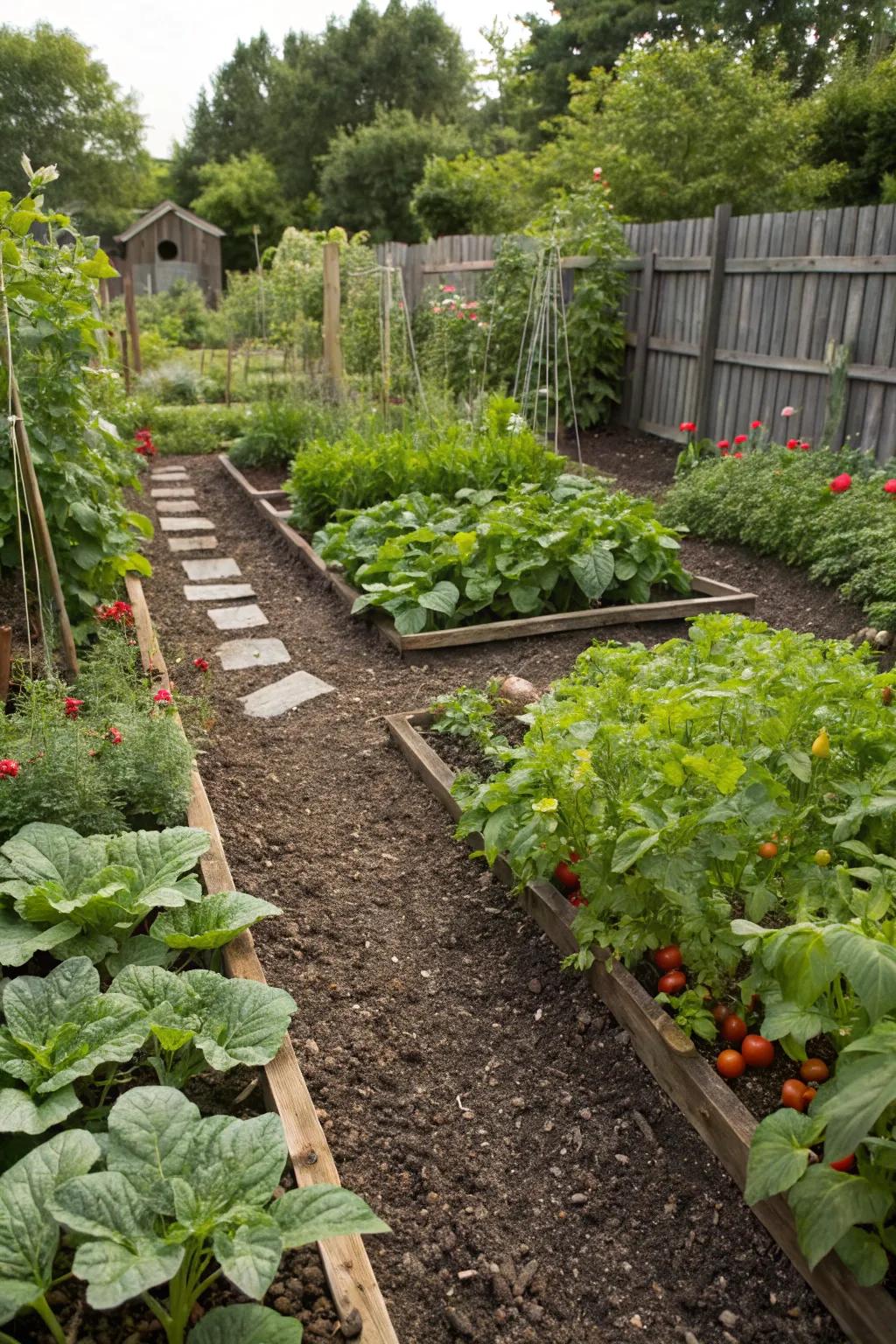 Mulched paths enrich the soil and offer a soft walking surface.