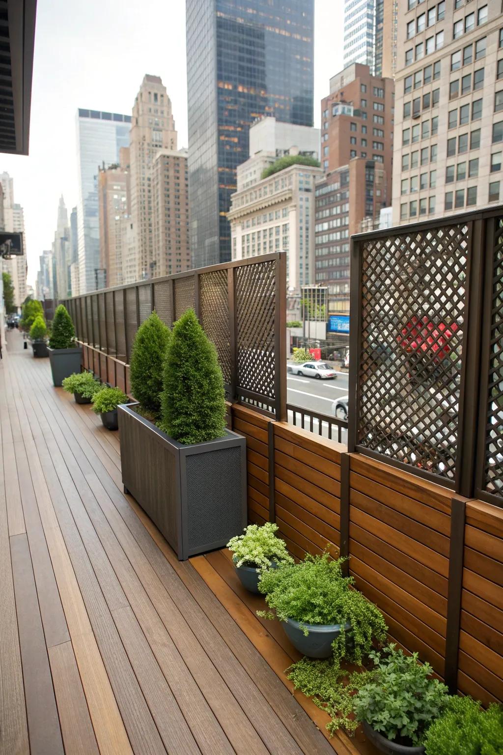 Tall privacy screens providing seclusion amidst a cityscape.