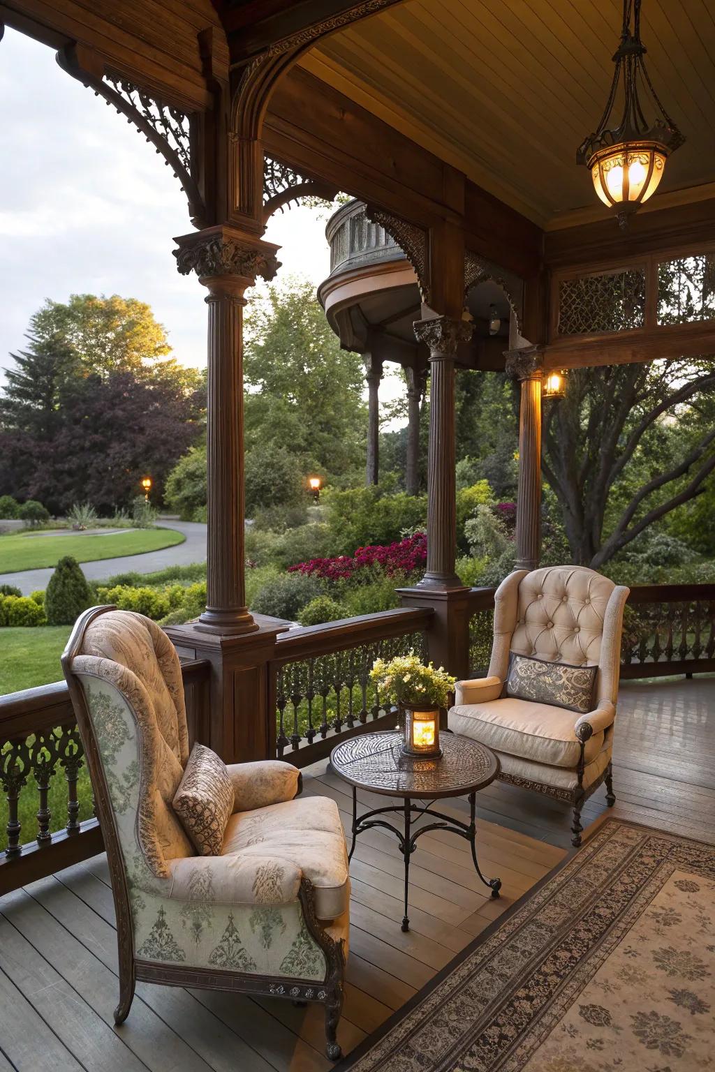 Cozy seating invites relaxation on this Victorian-style patio.