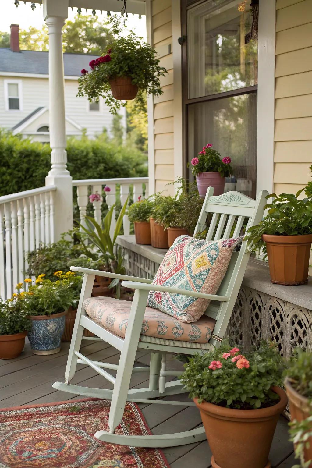 A rocking chair invites you to relax and enjoy the view.
