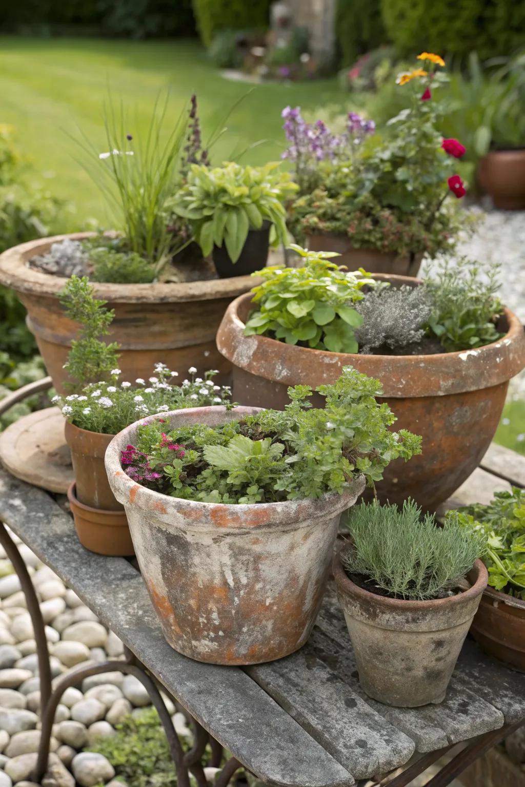 A collection of weathered clay pots filled with plants, adding a vintage touch to the garden.