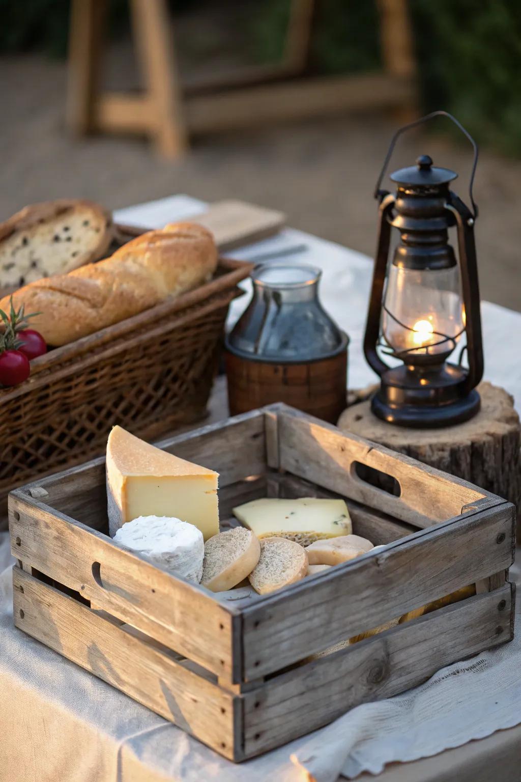 Wooden crates offer a practical and stylish surface for your picnic spread.