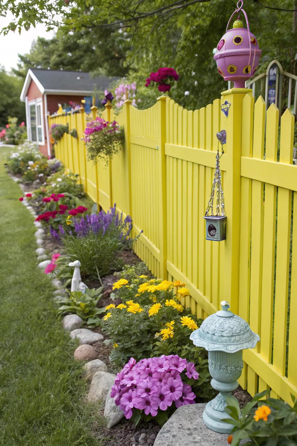 A colorful vinyl privacy fence adds a lively touch to this garden setting.