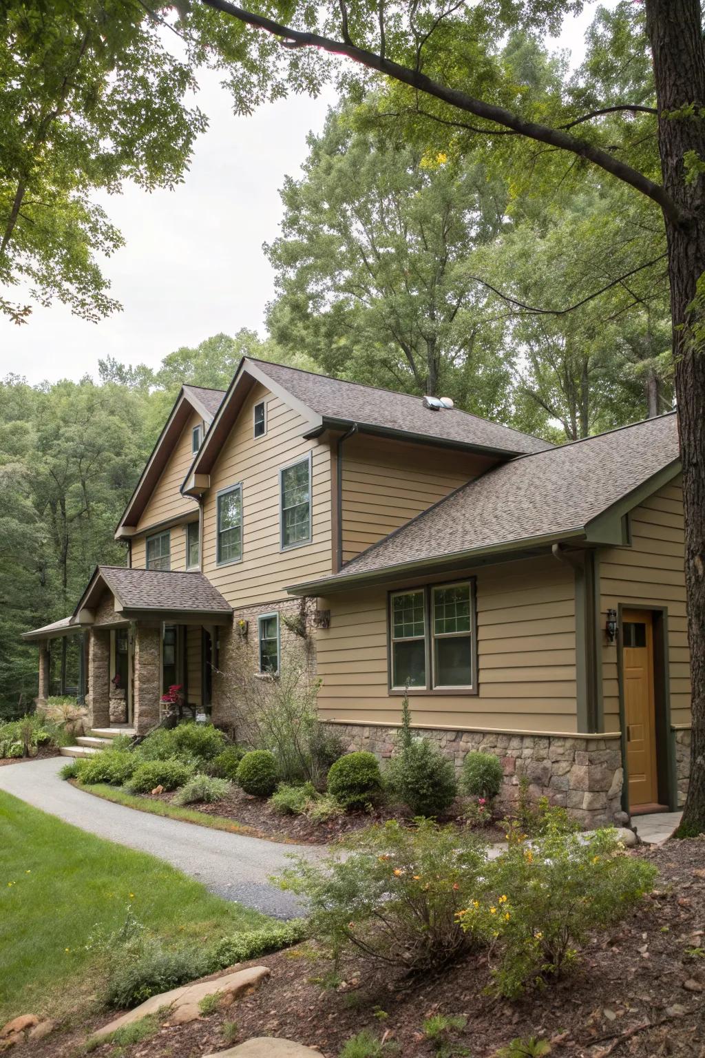 A ranch home harmonizing with its environment through earthy tone vinyl siding.