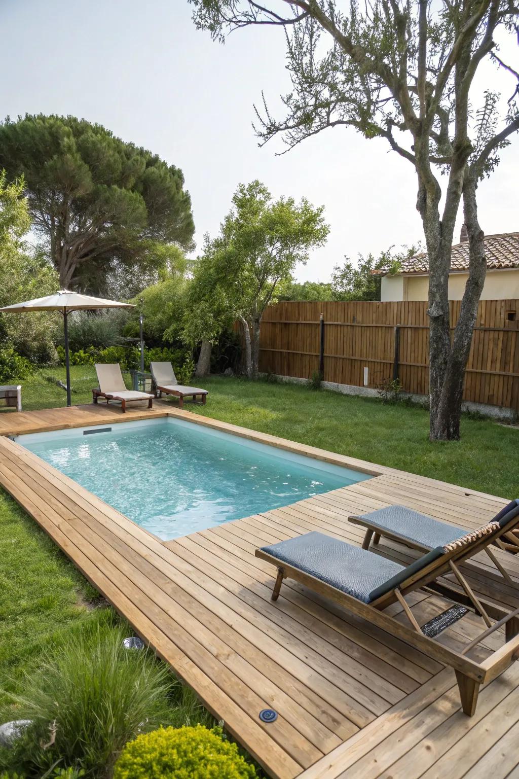 Wooden decking beautifully complements this inground wading pool, offering a cozy lounging area.