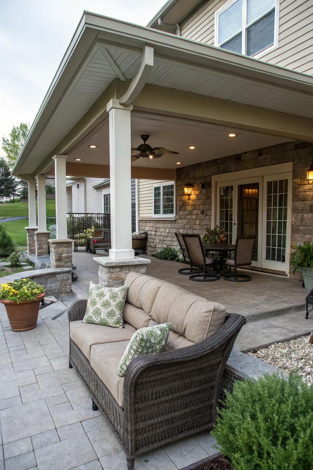 A covered portico provides year-round protection and comfort on a walkout basement patio.