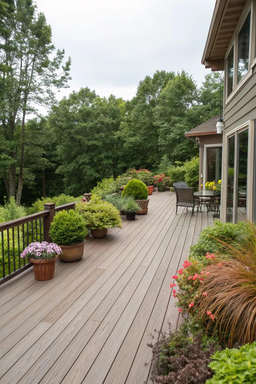 A deck surrounded by lush landscaping and potted plants.