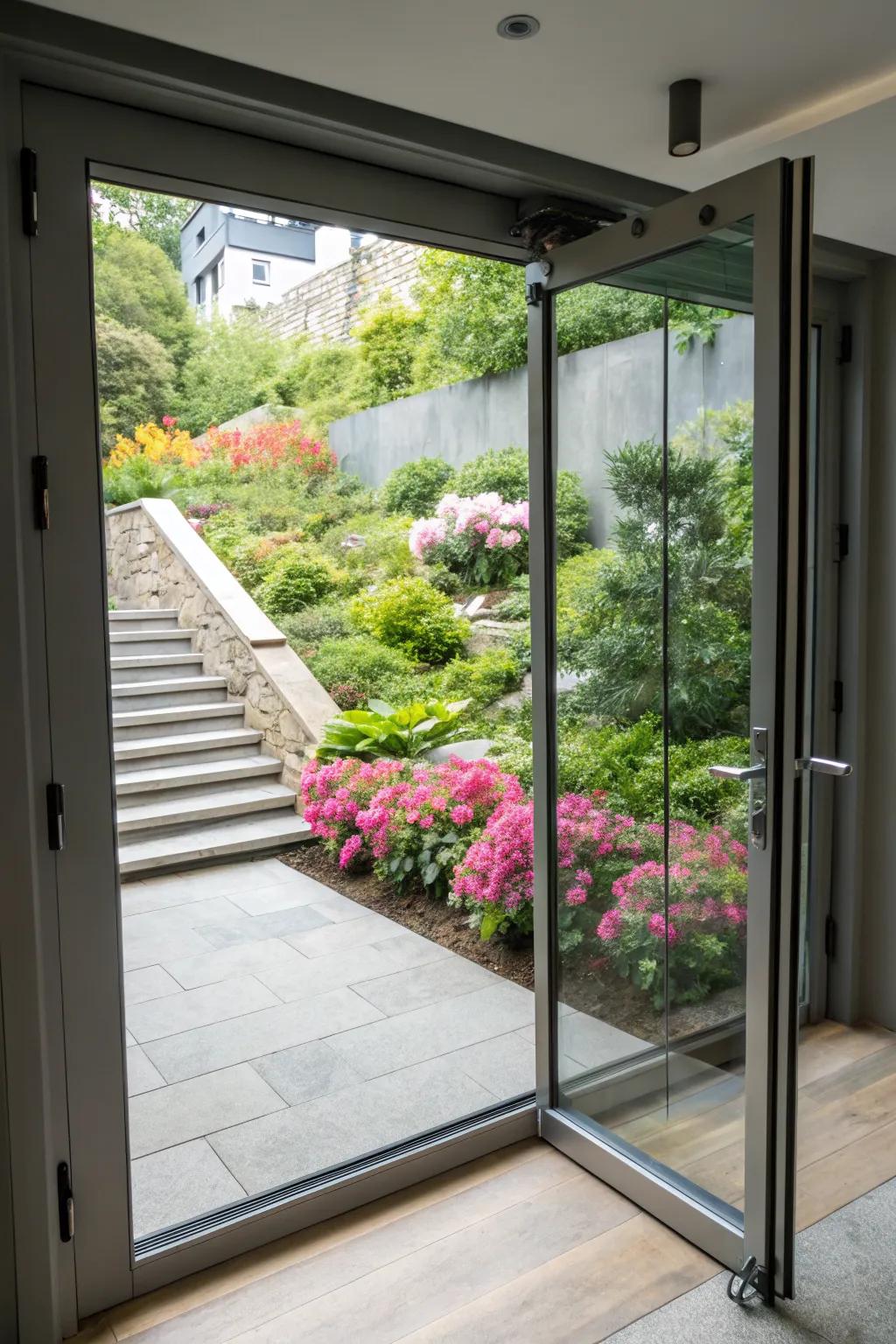 Modern glass panels offer a bright and open feel to basement entrances.