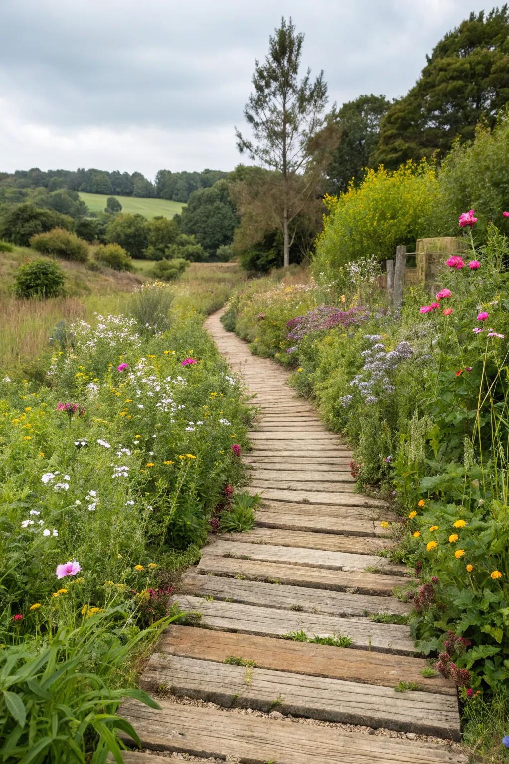 A wooden path that adds rustic charm to the garden.