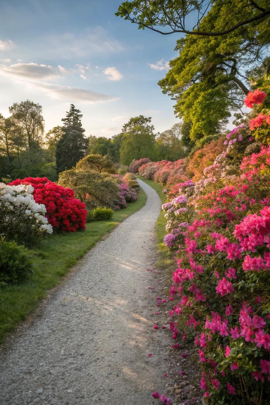 A gravel path beautifully bordered with vibrant flowers.
