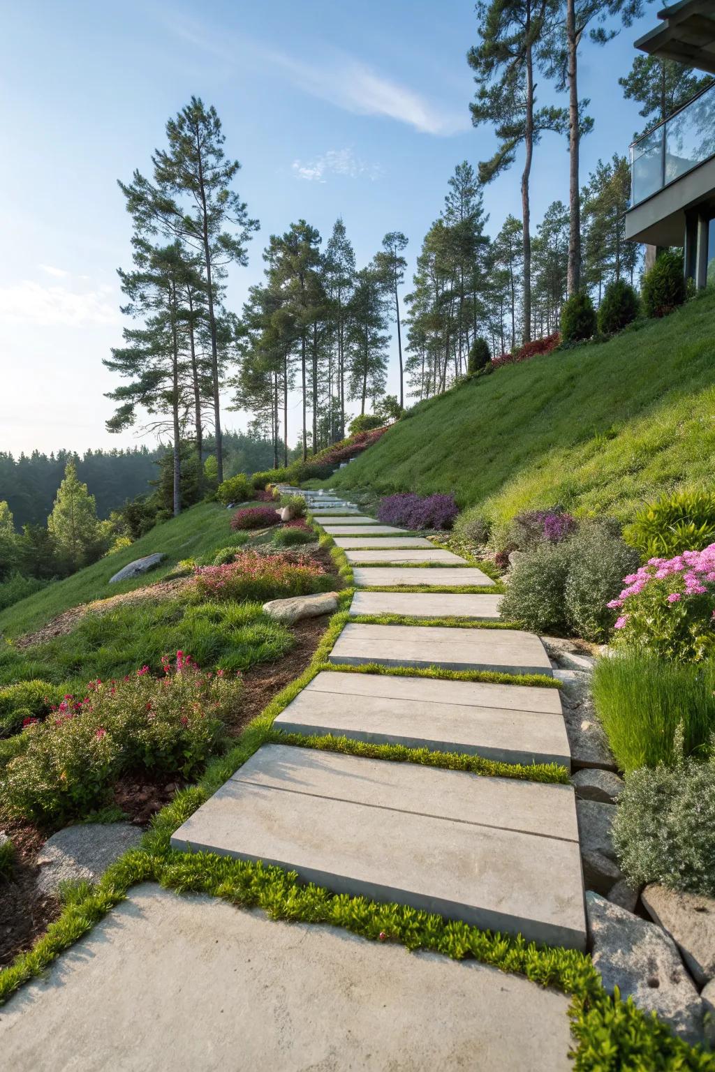 Concrete slabs provide a sleek and modern solution for sloped walkways.