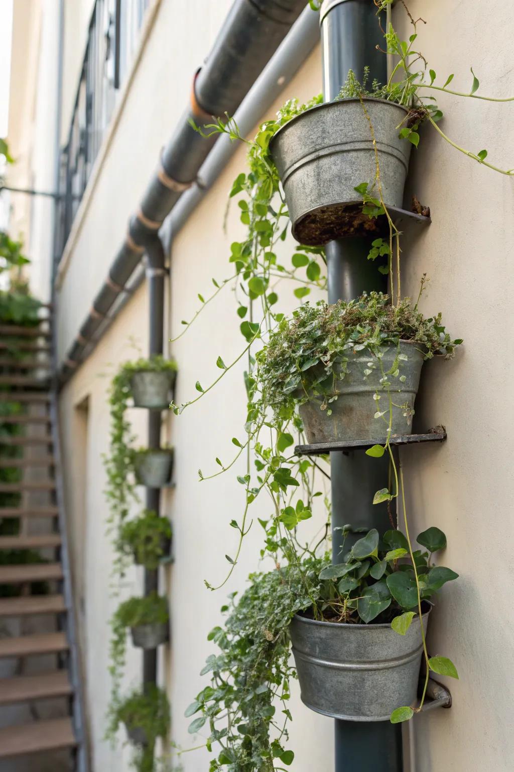 A sleek indoor garden using pipe hangers and planters.
