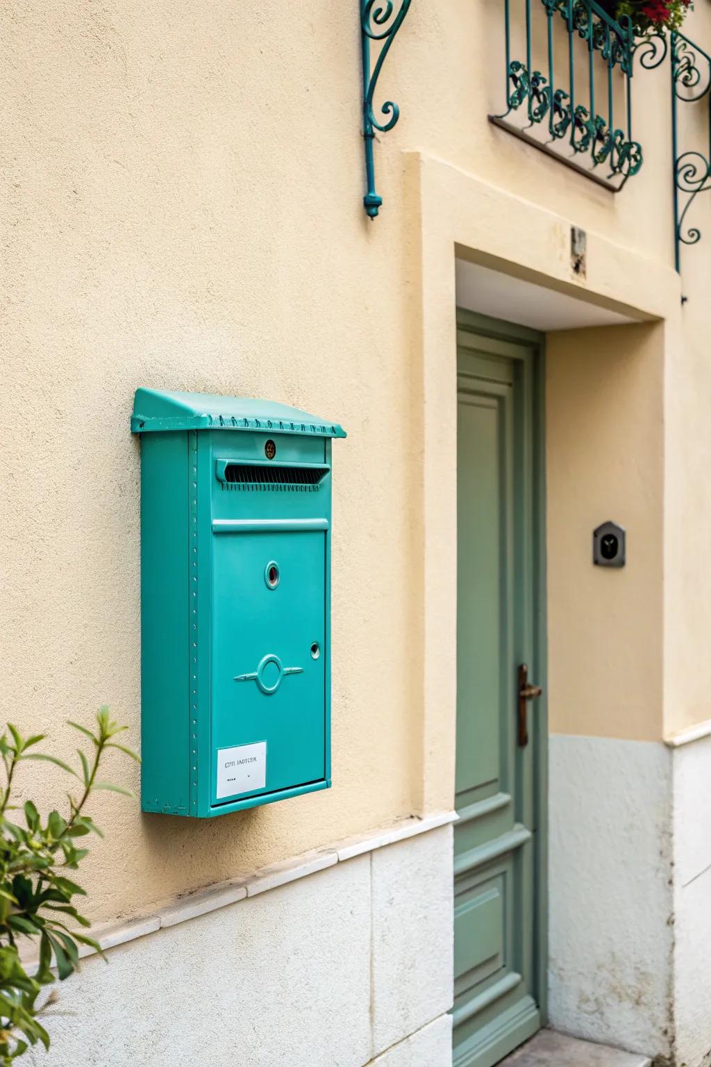 A bright turquoise mailbox that adds a splash of color.