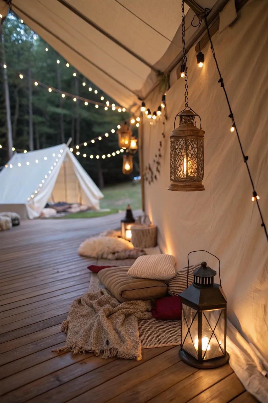 Wall tent interior aglow with ambient lanterns and string lights.