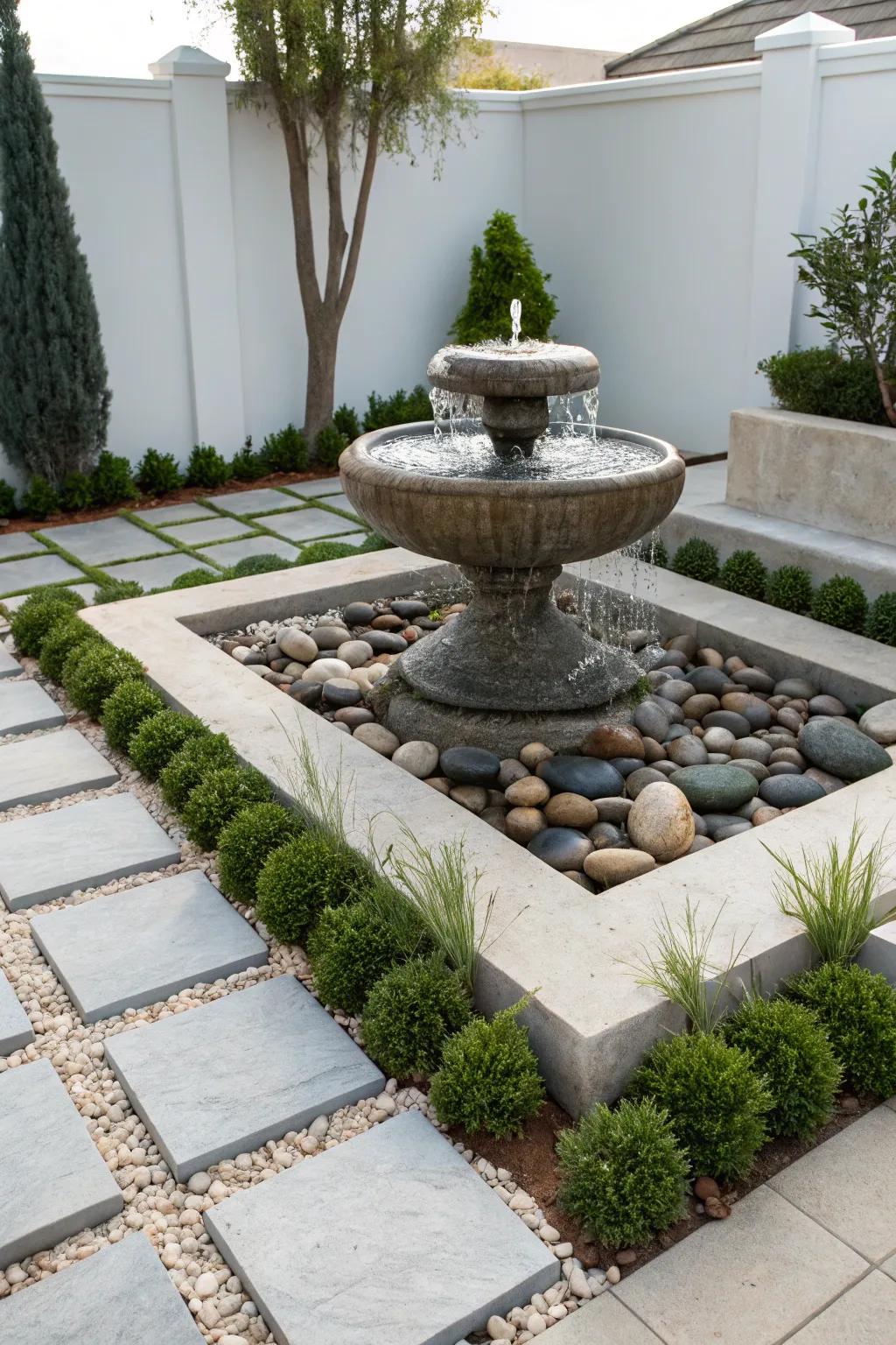 A modern rock fountain blends sleek design with natural beauty.