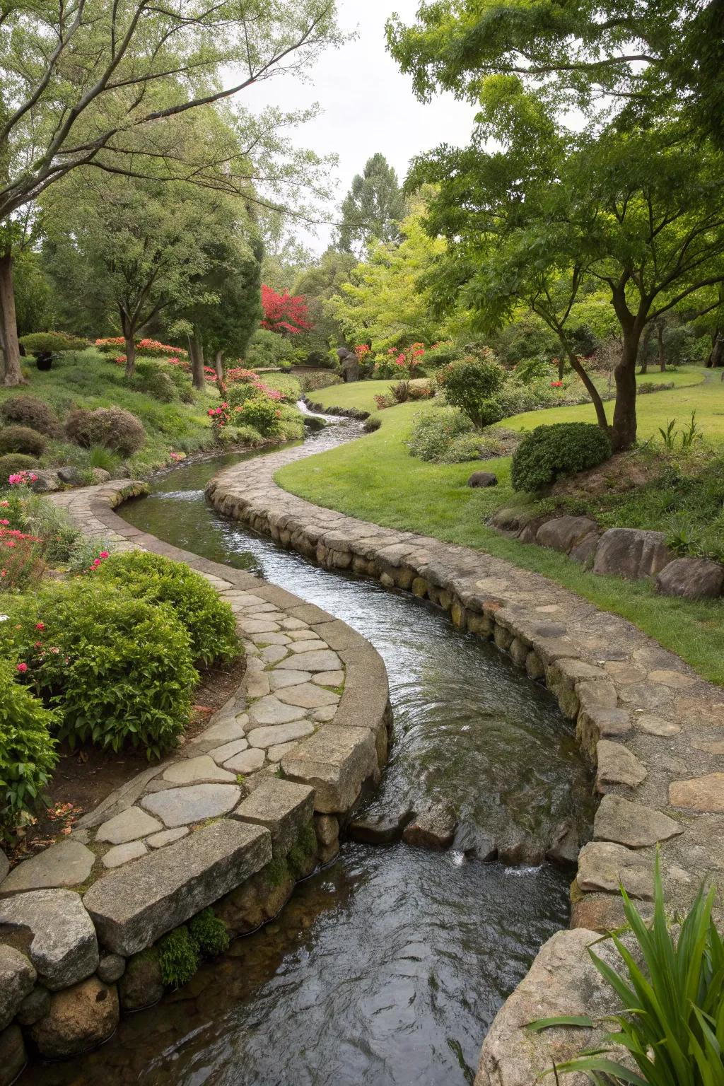 A meandering stream adds movement and tranquility to a garden landscape.