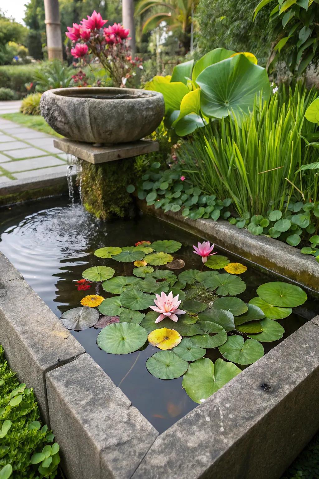 Water lilies beautifully enhancing a trough fountain.