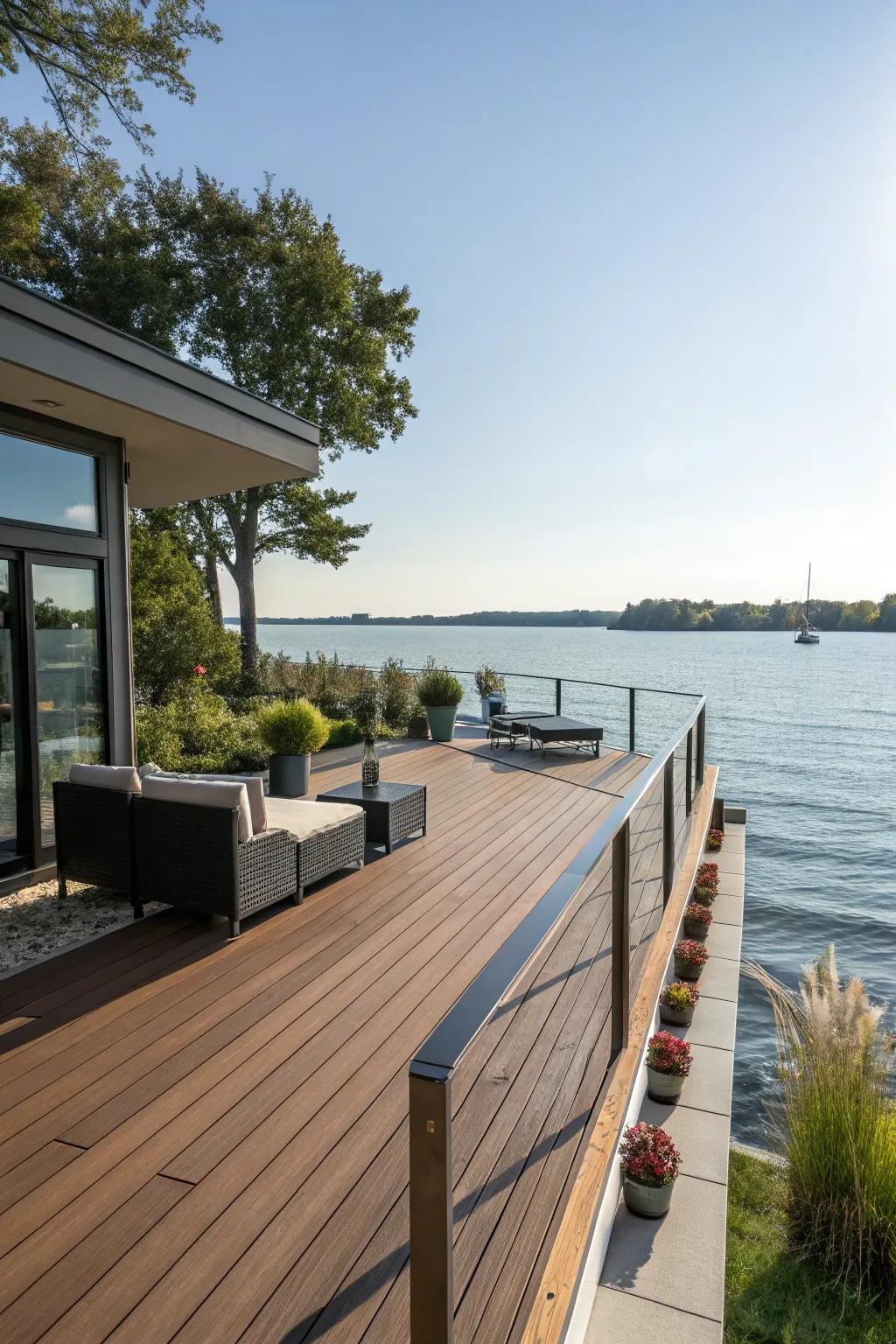 Combine materials for a durable and visually appealing waterfront deck.
