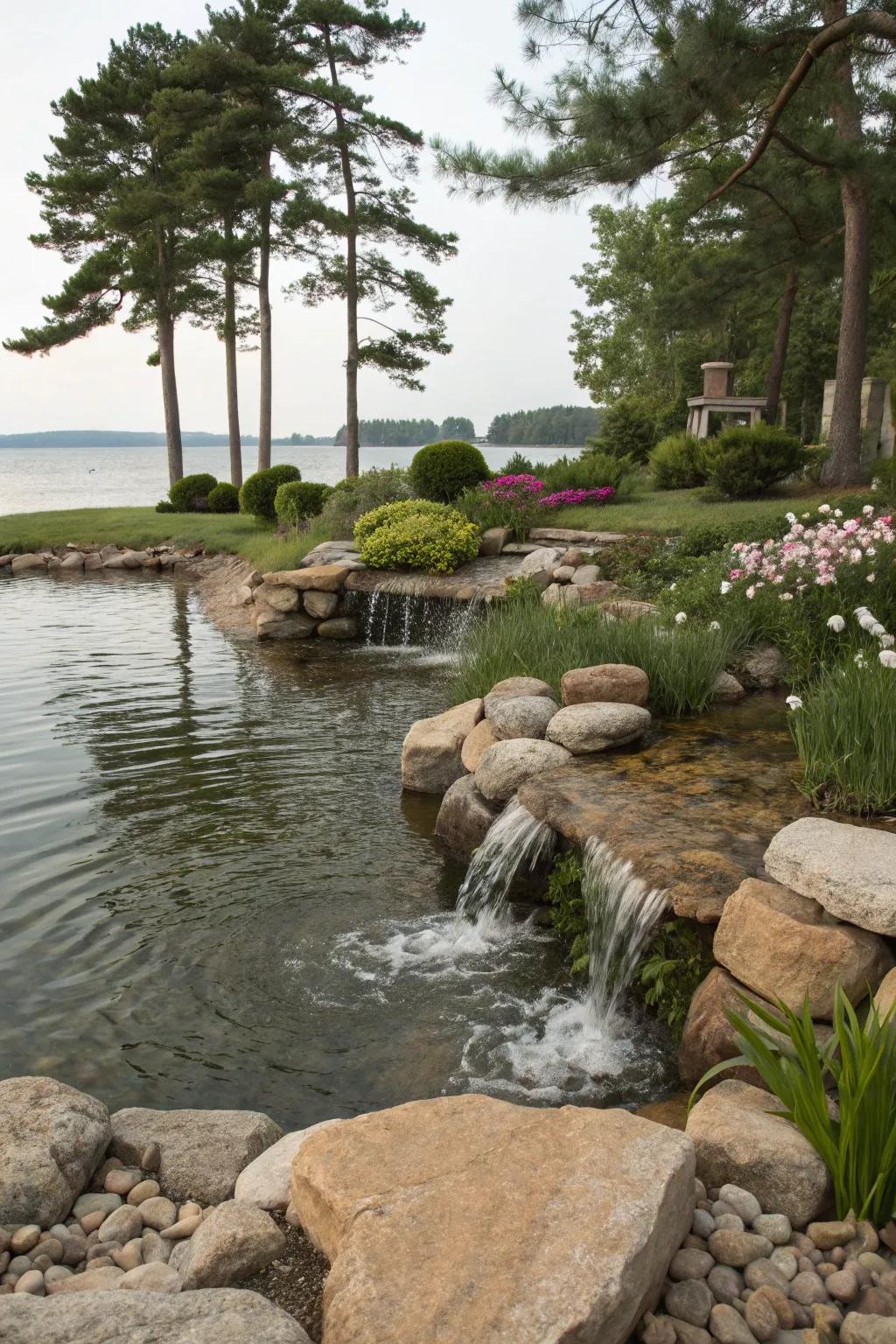 A serene stone water feature nestled by the water.