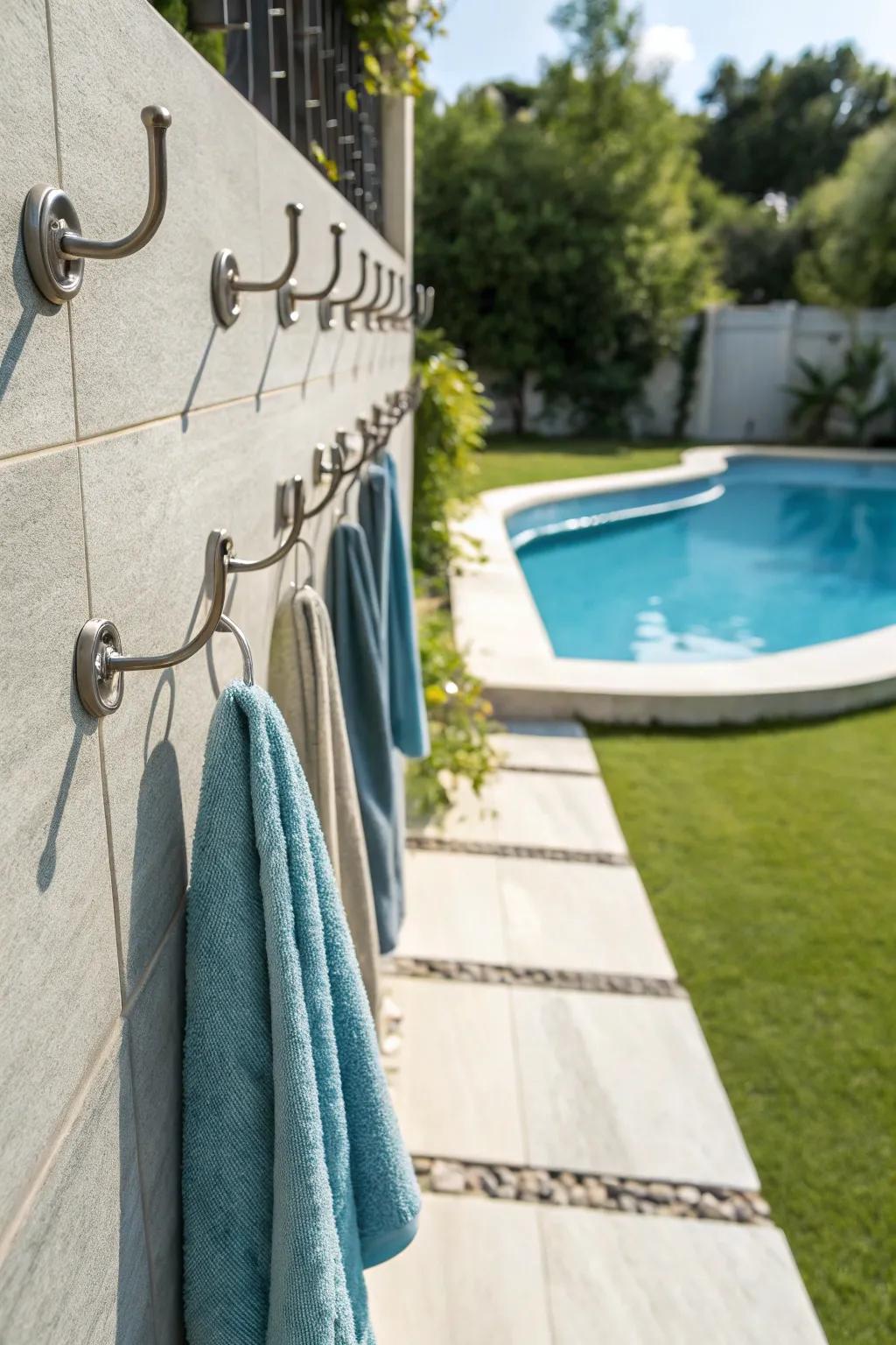 Space-saving towel storage with hanging hooks.